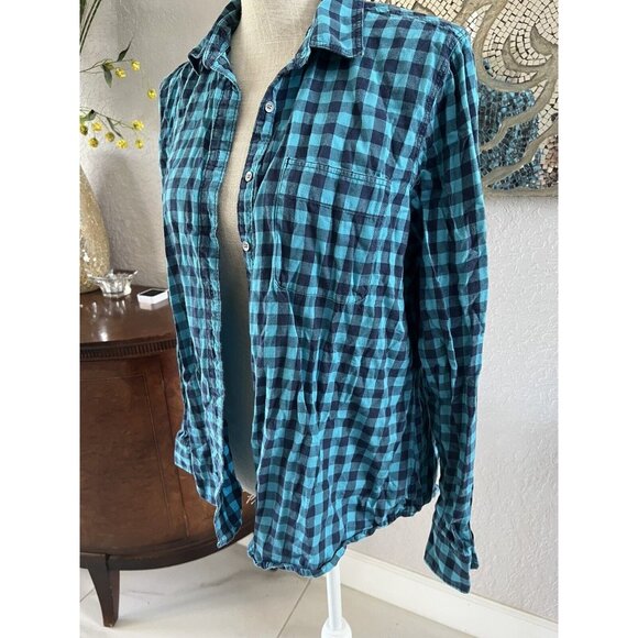 Blue & Black Plaid Button-Up Shirt For Women Long Sleeve Cotton Blend Casual Fit - Picture 2 of 4